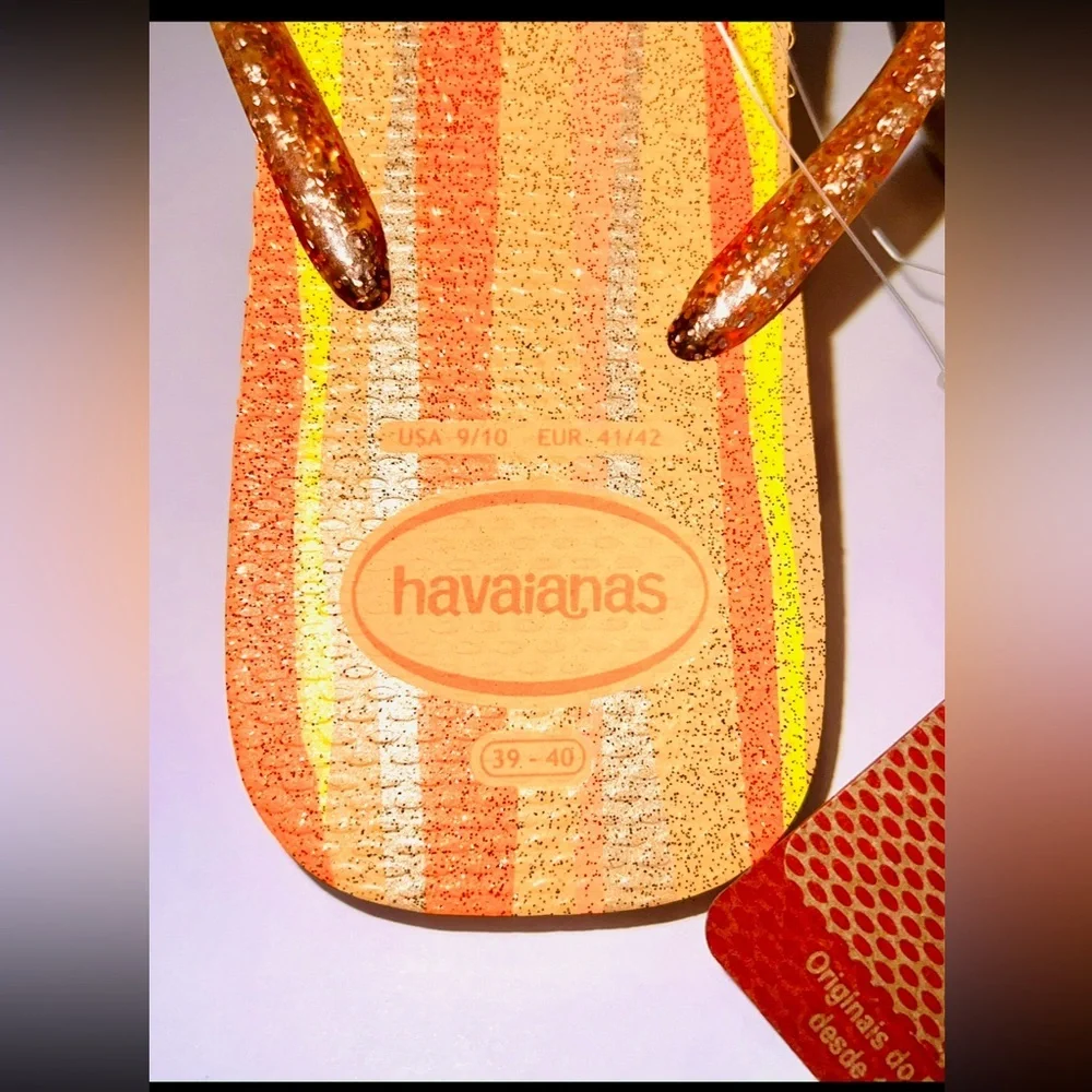 NWT Havaianas Slim Square Folia Flip Flops Glitter Striped Wom 9/10 Peach Orange - Picture 5 of 14